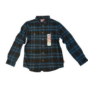 NWT Wrangler Youth Flannel Checkered Plaid Shirt Blue & Black Boys XXL 18 Cowboy